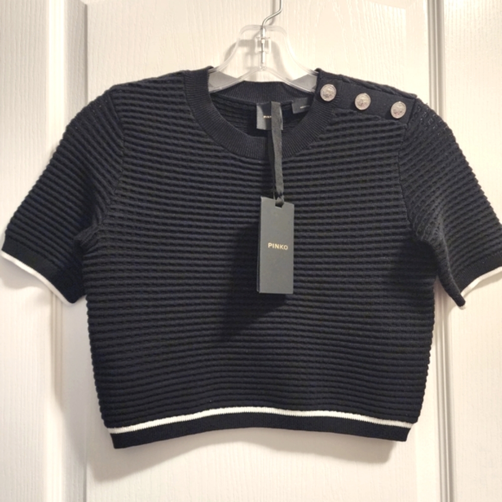 Pinko Black Ribbed Crop Top with Button Detail
